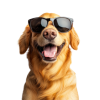 Happy golden retriever dog wearing sunglasses, smiling brightly against a transparent background, Happy Golden Retriever Dog Wearing Sunglasses on transparent background png