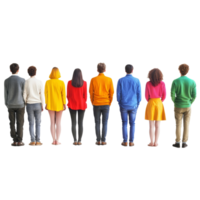 A diverse group of people standing in colorful outfits against a transparent background, showcasing unity through diversity in fashion and style, Colorful Diversity Line of People on transparent background png