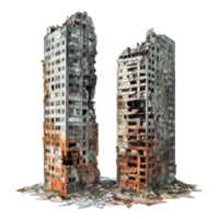 Ruined skyscraper buildings stand starkly isolated against a transparent background, showcasing urban decay and neglect, Ruined Skyscraper Buildings Isolated on transparent background png