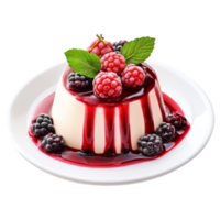 Gourmet mousse dessert topped with fresh berries and berry sauce on a transparent plate, Isolated gourmet mousse dessert with berry sauce png