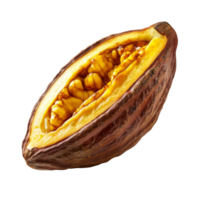 Single ripe cocoa fruit showcasing its vibrant color against a pristine transparent background, single ripe cocoa fruit isolated on transparent background png