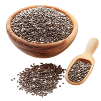 Chia seeds in a wooden bowl with a scoop and scattered seeds on a transparent background showcasing their health benefits, Chia seeds isolated with transparent background png