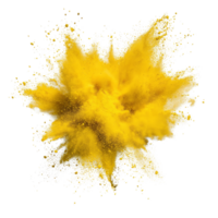 Bright yellow powder explosion isolated against a transparent background creating a dramatic visual effect, yellow powder pulver explosion isolated on transparent background png