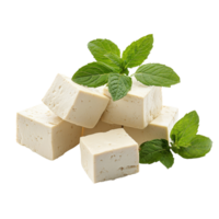 Fresh tofu blocks arranged with vibrant mint leaves on a clean transparent background for culinary inspiration, tofu soy and mint isolated on transparent background png