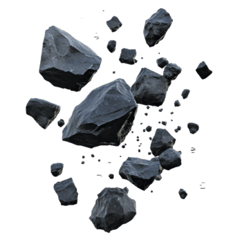 Flying black rocks suspended in a transparent background create a striking visual effect of dynamic movement and isolation, flying black rocks isolated on transparent background png