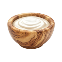 A rustic wooden bowl filled with creamy yogurt set against a clean transparent background for a natural presentation, wood bowl of yogurt isolated on transparent background png