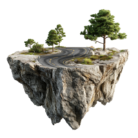 A floating road winding through a rocky island with lush greenery in a serene landscape, 3D Illustration of a Floating Road on Rocky Island, Isolated on transparent background Background png