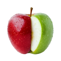 Half red and green apple isolated on a bright transparent background showcasing vivid colors and fresh droplets, half red and green apple isolated on transparent background png