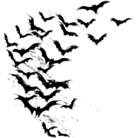 A flock of bats silhouetted against a light background flying in the evening sky, capturing nature's nocturnal movement, flock of some bats silhouette Stock png