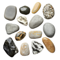A collection of uniquely shaped stones on a transparent background showcasing various textures and colors, stones of different shapes, sizes, transparent background png