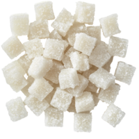 Cubes of sugar scattered on a transparent background, highlighting their texture and shape for culinary use or artistic presentation, Cubes of sugar on transparent background png