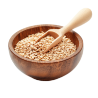 Sesame seeds in a wooden bowl with small scoop on a transparent background, Sesame in wood bowl and scoop isolated on transparent background png