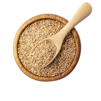 Quinoa seeds in a wooden bowl with a spoon, displayed against a clean transparent background, Quinoa on transparent background png