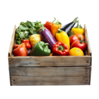 Fresh vegetables in a rustic wooden box against a clean transparent background, vegetables in a wooden box isolated on transparent background png