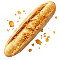 Fresh baguette with crispy crumbs displayed on a clean surface showcasing its texture and rustic appeal, Fresh Baguette with Crispy Crumbs Isolated isolated on transparent background png