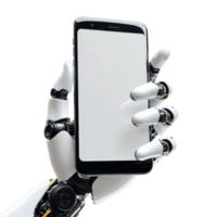 Robotic hand holding a blank smartphone isolated on a transparent background, showcasing modern technology and innovation, Robotic Hand Holding Blank Smartphone Isolated on transparent background png