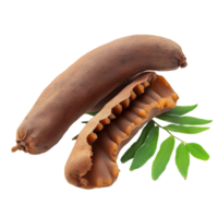Freshly picked ripe tamarind with lush green leaves isolated on transparent background for culinary and decorative use, ripe tamarind with leaf isolated on transparent background png