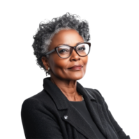 Confident older woman with glasses poses for portrait against a clean transparent background, attractive black older woman, file of isolated object with shadow on transparent background png