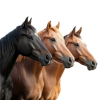 Three horses standing side by side against a clean transparent background, showcasing their distinct coats and expressions, horses isolated on transparent background png