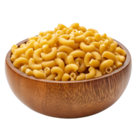 A wooden bowl filled with a pile of raw macaroni gomiti pasta on a clean transparent background, Pile of raw Macaroni Gomiti Pasta in wood bowl isolated on transparent background png