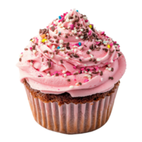 Delicious pink frosted cupcake topped with colorful sprinkles against a transparent background, pink cake topping on transparent background file png