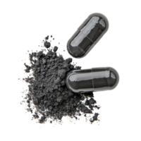 Activated charcoal capsules and powder on a clean surface for natural detox, Activated charcoal capsule and powder isolated on transparent background png