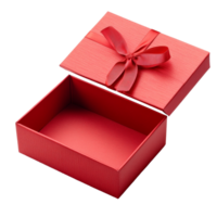 A bright red open gift box with a ribbon sits on a clean transparent background ready for special occasions, Red open gift box with ribbon isolated on transparent background png