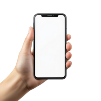 Hand holding a blank smartphone against a transparent background in a simple and minimalist setting, Hand holding blank smartphone on transparent background png