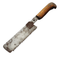 Detailed view of a rugged hacksaw with a wooden handle resting on a gray surface for woodworking or metalwork tasks, Hacksaw with handle png