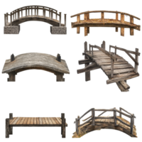 Various styles of old timber bridges on a transparent background showcasing unique architectural features, Various types of old timber bridge transparent background png