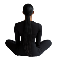 Woman with a long ponytail sitting cross-legged on a light background, lost in thought, Back View of Woman Sitting with Ponytail on transparent background png