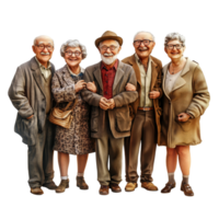 A joyful gathering of happy elderly friends enjoying time together at Isola, diversified group of happy old people, file of isolated object on transparent background png