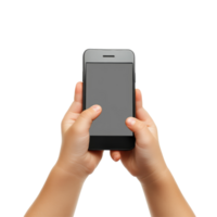 A childs hands holding a smartphone with a blank screen against a transparent background, showcasing youthful interaction with technology, Child's Hands Holding Smartphone Isolated on transparent background png