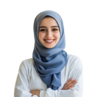 Happy Islamic female student smiling with pride in a simple outfit, isolated on a transparent background, Islamic female student smiling happily isolated on transparent background png
