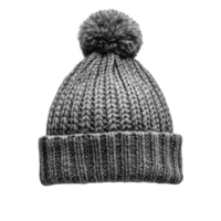 Cozy gray winter hat with a pompom, perfect for cold weather and outdoor activities during winter months, gray warm winter hat with pompom, file of isolated object with shadow on transparent background png