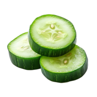Fresh cucumber slices arranged artfully on a clean transparent background, showcasing their vibrant green color and texture, Fresh slice cucumber closeup on transparent background png