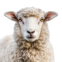 Close-up view of a sheep's face against a plain transparent background highlighting its textures and features, Sheep face on transparent background png