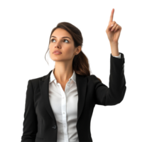 Confident businesswoman pointing upward in a modern office setting with a clean transparent background, Confident Businesswoman Pointing Upward on transparent background png