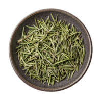 Dried rosemary leaves displayed in a simple bowl on a transparent surface for culinary use and decoration, Dried rosemary leaves in a plate isolated on transparent background png