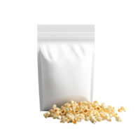 Blank snack packaging with scattered popcorn kernels isolated on a transparent background for a clean, modern presentation, Cut open blank snack packaging isolated png