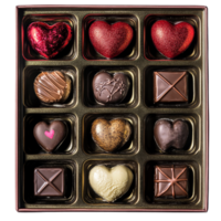 Valentine's Day chocolate box featuring assorted heart-shaped treats on a transparent background, Valentine's Day Chocolate Box Isolated on transparent background png