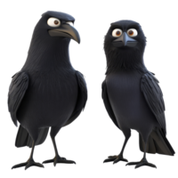 Characters of cartoon ravens standing on a transparent background in a playful pose and expression, 3D Cartoon Raven Characters On transparent background png
