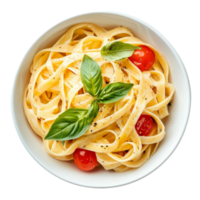 Fresh pasta with basil and cherry tomatoes served in a transparent bowl on a clean transparent background, Pasta in transparent bowl on transparent background png