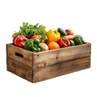 Fresh assortment of colorful vegetables in a rustic wooden box on a clean transparent background, wooden box with vegetables isolated on transparent background png