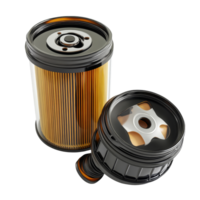 Car oil filters and motor oil can displayed together for automotive maintenance and repair needs, Car oil filters and motor oil plastic can, 3d illustration, 3D render, isolated on transparent background png