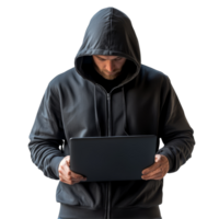A hooded figure sits focused with a laptop on a plain transparent background during nighttime activity, Hooded Hacker with Laptop on transparent background png
