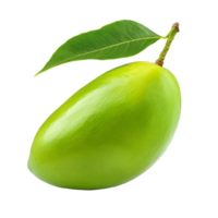 Fresh green mango with a vibrant leaf on a clean transparent background, perfect for a healthy lifestyle presentation, green mango with leaf isolated on transparent background png