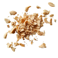 Crushed peanut pieces spread out on a transparent surface, showcasing their texture and color under natural light, Peanut crushed into pieces png
