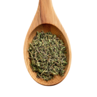 Dried thyme in a wooden spoon isolated against a clean transparent background for culinary inspiration and flavor enhancement, Dried Thyme in wood spoon isolated on transparent background png