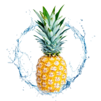 A fresh pineapple surrounded by a dynamic water splash in circular formation against a clean background, Pineapple with water splash in circle shape isolated png